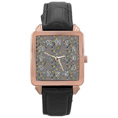 Abstract Flowers And Circle Rose Gold Leather Watch  by DinzDas