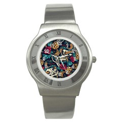 Vintage Art Tattoos Colorful Seamless Pattern Stainless Steel Watch by Amaryn4rt