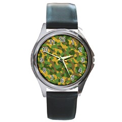 Yellow Green Brown Camouflage Round Metal Watch by SpinnyChairDesigns