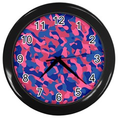 Blue And Pink Camouflage Pattern Wall Clock (black) by SpinnyChairDesigns