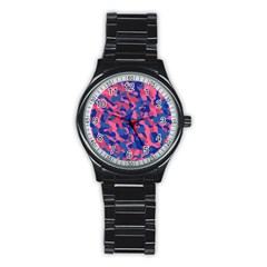 Blue And Pink Camouflage Pattern Stainless Steel Round Watch by SpinnyChairDesigns