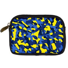 Blue And Yellow Camouflage Pattern Digital Camera Leather Case by SpinnyChairDesigns