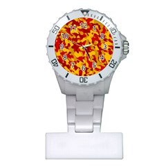 Red And Yellow Camouflage Pattern Plastic Nurses Watch by SpinnyChairDesigns