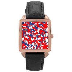 Red White Blue Camouflage Pattern Rose Gold Leather Watch  by SpinnyChairDesigns
