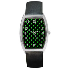 Neon Green Bug Insect Heads On Black Barrel Style Metal Watch by SpinnyChairDesigns