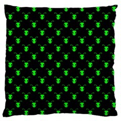 Neon Green Bug Insect Heads On Black Large Flano Cushion Case (one Side) by SpinnyChairDesigns