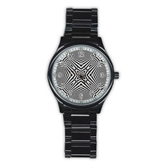 Black And White Line Art Pattern Stripes Stainless Steel Round Watch by SpinnyChairDesigns