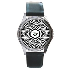 Black And White Line Art Stripes Pattern Round Metal Watch by SpinnyChairDesigns