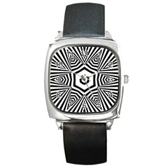 Black And White Line Art Stripes Pattern Square Metal Watch by SpinnyChairDesigns