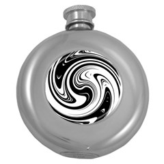Black And White Swirl Spiral Swoosh Pattern Round Hip Flask (5 Oz) by SpinnyChairDesigns