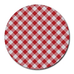 Picnic Gingham Red White Checkered Plaid Pattern Round Mousepads by SpinnyChairDesigns