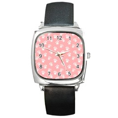 Animal Cat Dog Prints Pattern Pink White Square Metal Watch by SpinnyChairDesigns