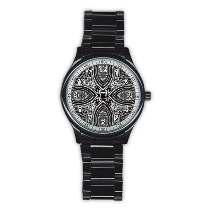 Black and White Intricate Pattern Stainless Steel Round Watch