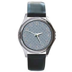 Grey Diamond Plate Metal Texture Round Metal Watch by SpinnyChairDesigns