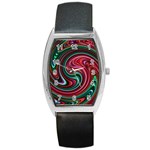 Red Green Swirls Barrel Style Metal Watch Front