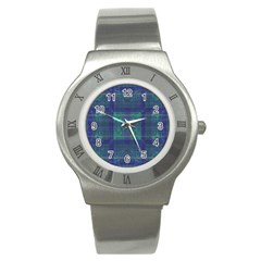 Blue Green Faded Plaid Stainless Steel Watch by SpinnyChairDesigns