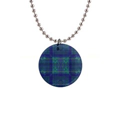 Blue Green Faded Plaid 1  Button Necklace by SpinnyChairDesigns