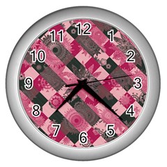Abstract Pink Grey Stripes Wall Clock (silver) by SpinnyChairDesigns