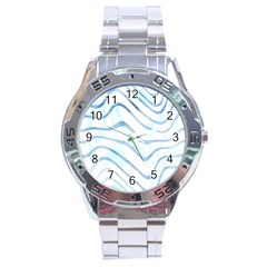 Faded Denim Blue Abstract Stripes On White Stainless Steel Analogue Watch by SpinnyChairDesigns