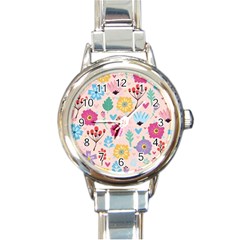 Tekstura-fon-tsvety-berries-flowers-pattern-seamless Round Italian Charm Watch by Sobalvarro