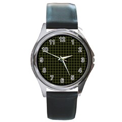 Army Green Black Buffalo Plaid Round Metal Watch by SpinnyChairDesigns
