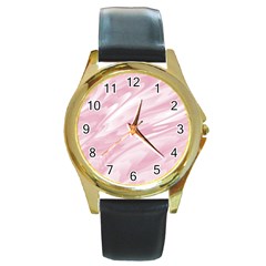 Pastel Pink Feathered Pattern Round Gold Metal Watch by SpinnyChairDesigns