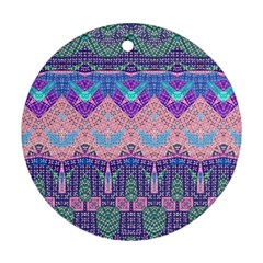 Boho Patchwork Violet Pink Green Round Ornament (two Sides) by SpinnyChairDesigns