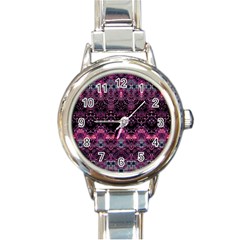 Boho Magenta Black Pattern Round Italian Charm Watch by SpinnyChairDesigns