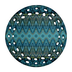 Boho Teal Blue Pattern Ornament (round Filigree) by SpinnyChairDesigns