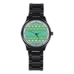 Boho Green Blue Checkered Stainless Steel Round Watch by SpinnyChairDesigns
