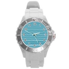 Boho Teal Stripes Round Plastic Sport Watch (l) by SpinnyChairDesigns