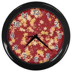 Gold And Tuscan Red Floral Print Wall Clock (black) by SpinnyChairDesigns