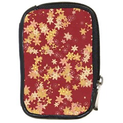 Gold And Tuscan Red Floral Print Compact Camera Leather Case by SpinnyChairDesigns