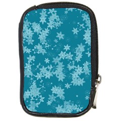 Teal Blue Floral Print Compact Camera Leather Case by SpinnyChairDesigns