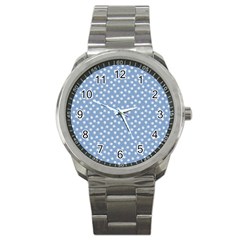 Faded Blue White Floral Print Sport Metal Watch by SpinnyChairDesigns