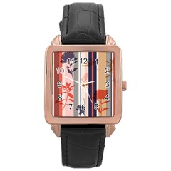 Stripies Orange Floral Pattern Rose Gold Leather Watch 