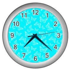 Aqua Blue Butterfly Print Wall Clock (silver) by SpinnyChairDesigns