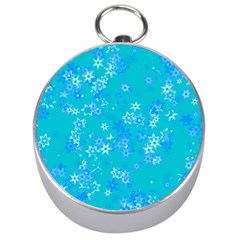 Aqua Blue Floral Print Silver Compasses by SpinnyChairDesigns