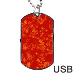 Orange Red Floral Print Dog Tag Usb Flash (two Sides) by SpinnyChairDesigns