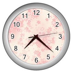 Baby Pink Floral Print Wall Clock (silver) by SpinnyChairDesigns