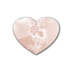 Tan White Floral Print Rubber Coaster (heart)  by SpinnyChairDesigns