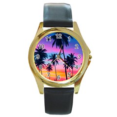 Sunset Palms Round Gold Metal Watch by goljakoff