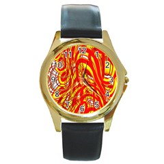 Fire On The Sun Round Gold Metal Watch by ScottFreeArt