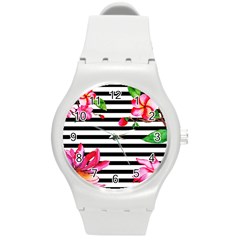 Black And White Stripes Round Plastic Sport Watch (m) by designsbymallika
