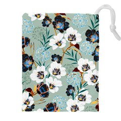 Black White Floral Print Drawstring Pouch (4xl) by designsbymallika