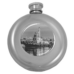 Tugboat At Port, Montevideo, Uruguay Round Hip Flask (5 Oz) by dflcprintsclothing