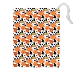 Black Orange Autumn Leaves Pattern Drawstring Pouch (4xl) by designsbymallika