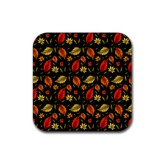 Golden Orange Leaves Rubber Coaster (square)  by designsbymallika