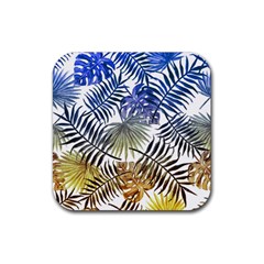 Blue And Yellow Tropical Leaves Rubber Coaster (square)  by goljakoff