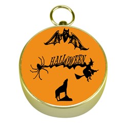 Happy Halloween Scary Funny Spooky Logo Witch On Broom Broomstick Spider Wolf Bat Black 8888 Black A Gold Compasses by HalloweenParty
